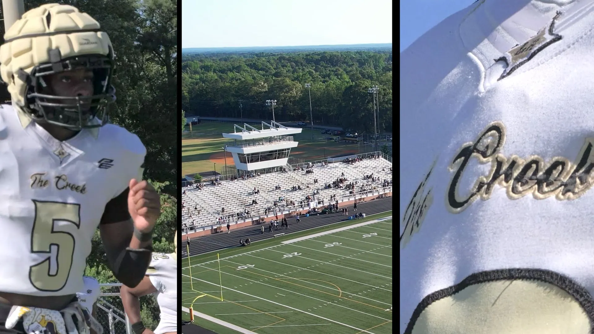 Three frames: a player in a padded helmet, the stadium from above, the word Creek stitched on a jersey