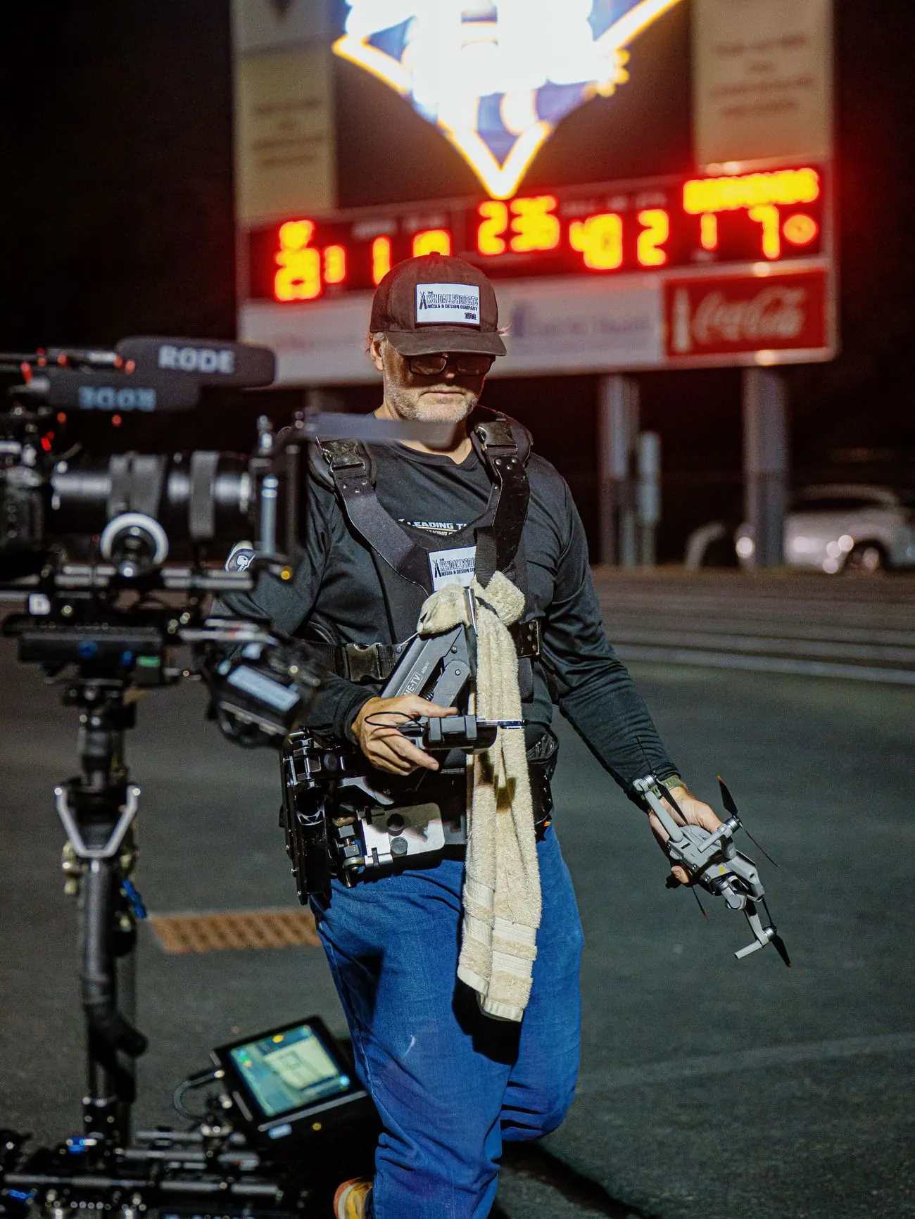 Jason Kendall on the sideline at night with a Steadicam rig and a drone